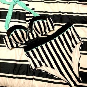 Beetlejuice Striped Halter Swim Top and High-Waisted Swim Bottoms